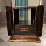Sculptural Sofa Side Table with Natural Stone Top, Dark Striped Wood Veneer, Open Display Niche and Rose-Gold Stainless Steel Accents
